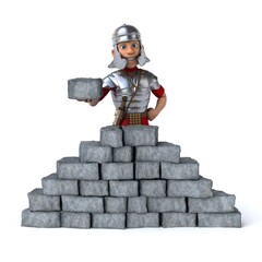 Fun 3D cartoon roman soldier building a wall