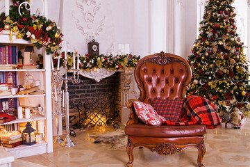 Classic Interior room decorated in Christmas style with Christmas tree and gift boxes