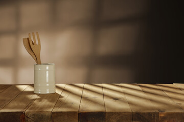 Desk with shadows and wall background. 