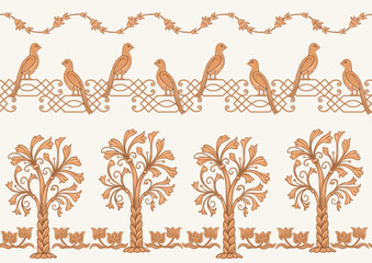 Byzantine traditional historical motifs of animals, birds, flowers and plants Seamless border pattern, linear ornament, ribbon in beige. Vector illustration.