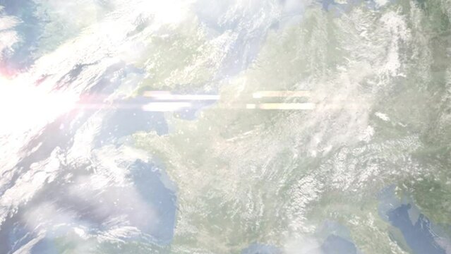 Earth zoom in from outer space to city. Zooming on Cergy, France. The animation continues by zoom out through clouds and atmosphere into space. Images from NASA