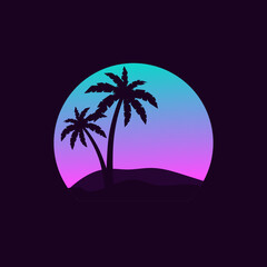 Retro vector illustration in the style of the 80s for a T-shirt with palm trees in neon bright colors on a dark background