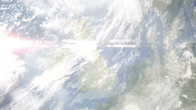 Earth zoom in from outer space to city. Zooming on Middlesbrough, UK. The animation continues by zoom out through clouds and atmosphere into space. Images from NASA