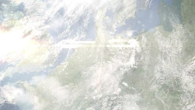 Earth zoom in from outer space to city. Zooming on Minden, Germany. The animation continues by zoom out through clouds and atmosphere into space. Images from NASA