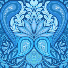 Paisley, traditional damask classical luxury old fashioned floral ornament. Seamless pattern, background. Vector illustration. In blue colors.