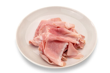Sliced ham in white dish isolated on white, clipping path, top view
