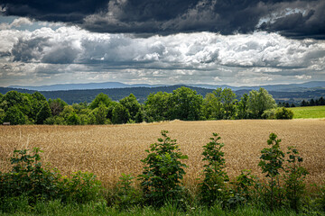 View of the Low Beskids Mountains from the village near Gorlice. Thunderstorm clouds over the grain fields.