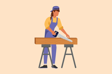 Business flat cartoon style drawing builder or carpenter repairwoman sawing boards. Building, construction, repair services. Real estate, housing. Business timber. Graphic design vector illustration - obrazy, fototapety, plakaty