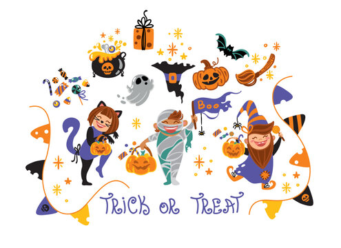 Vector set of characters and icons for Halloween in cartoon style. 
Pumpkin, bat, ghost and other traditional elements of Halloween. 
Children in costumes for Halloween