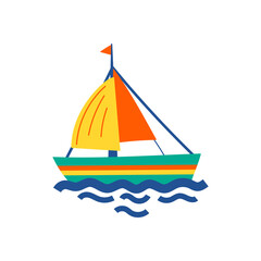 Small sailboat on waves. Colorful flat illustration, isolated on white background