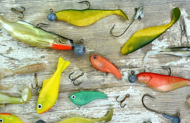 Many Fishing Spinning, bait, artificial lure. Silicon Fishing Twister with Hook and Sinker on...