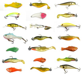 Many Fishing Spinning, bait, artificial lure. Silicon Fishing Twister with Hook and Sinker Isolated on White Background.