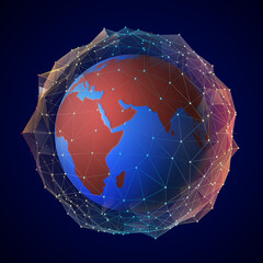 World image, surrounded by a web, connected by lines. 3D Illustration