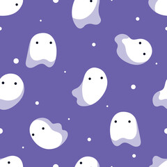 Seamless pattern with cute ghosts. Halloween pattern with ghosts in cartoon style. Cute style background. Design element for gift wrapping, wallpapers, prints. Trendy vector illustration