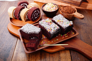 Cake  sweet food, placed on a wooden table.