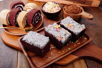 Cake  sweet food, placed on a wooden table.