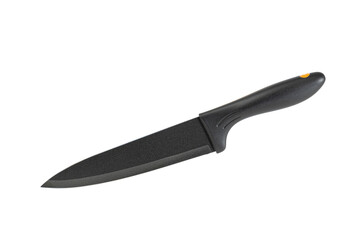 Black coated stainless steel kitchen knife isolated on white background. Sharp professional slicing knife made of high quality stainless steel with a black non-stick antibacterial coating.