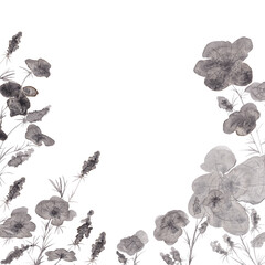 Watercolor frame made of monochrome dark brown flowers. Isolated illustration on white background