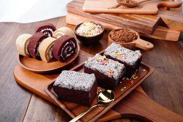 Cake  sweet food, placed on a wooden table.