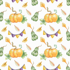 Watercolor seamless autumn pattern with pumpkins and leaves isolated on white background.Use for fabrics,textile.