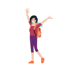 Young happy woman tourist flat cartoon character. Traveling people on summer vacation trip, Isolated on white background.