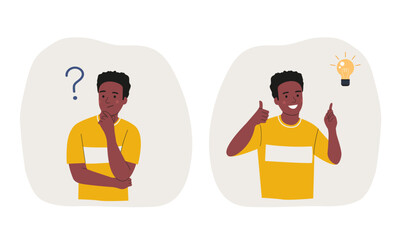 Young man with dark skin surrounded by a question mark and finding new idea. Shiny light bulb. Flat style cartoon vector illustration.