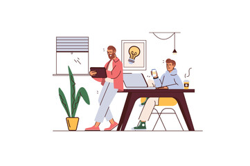 Work flow concept with people scene in flat cartoon design. Men work in the office and perform tasks using digital devices. Vector illustration.