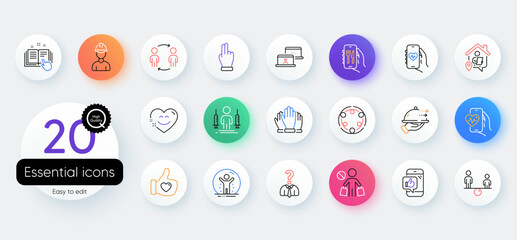 Simple set of Restaurant app, Work home and Equity line icons. Include Recovered person, Like hand, Health app icons. Smile chat, Vote, Stop shopping web elements. Hiring employees. Vector