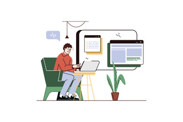 Web development concept with people scene in flat cartoon design. Man creates new algorithms for applications and sites using laptop and programming language. Vector illustration.