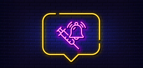 Neon light speech bubble. Vaccine announcement line icon. Vaccination syringe with bell sign. Jab symbol. Neon light background. Vaccine announcement glow line. Brick wall banner. Vector