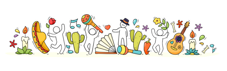 Banner with little people and spanish symbols. Doodle cute miniature of teamwork and lifestyle icons. Hand drawn cartoon vector illustration for national spain design. © sapunkele