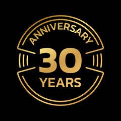 30th Anniversary golden logo or icon. 30 years round stamp design. Birthday celebrating, jubilee circle badge or label template. Vector illustration.