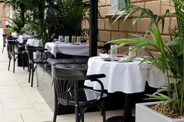 Street cafe in summer city with empty tables outdoor. Pots with plants, round tables with white tablecloths and black wooden chairs
