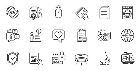 Outline set of Document, Support and Heart line icons for web application. Talk, information, delivery truck outline icon. Include Lock, Certificate, Led lamp icons. Vector