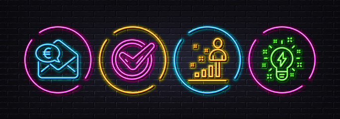 Stats, Euro money and Confirmed minimal line icons. Neon laser 3d lights. Inspiration icons. For web, application, printing. Business analysis, Receive cash, Accepted message. Creativity. Vector