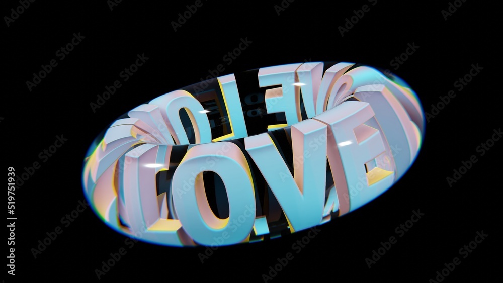 Poster beautiful abstract colourful background words love in a glass on a black background. 3d rendering il