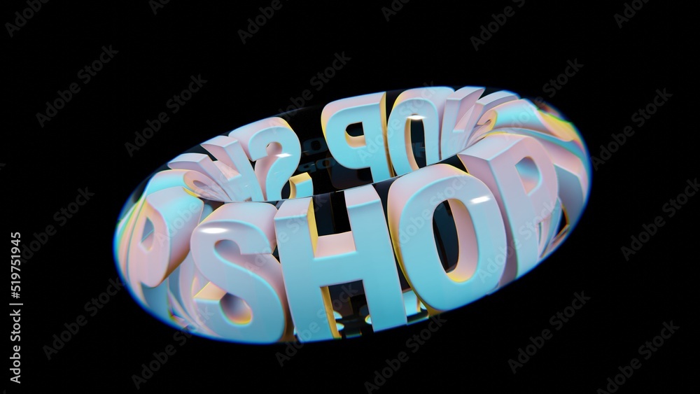 Poster Beautiful Abstract colourful background words SHOP  in a glass on a black background. 3d rendering illustration Background pattern for design.