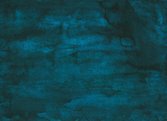 Colorful blue watercolor background. Dark green ink texture. High resolution hand painted background for design and for text. Stains on paper. Ink texture. 