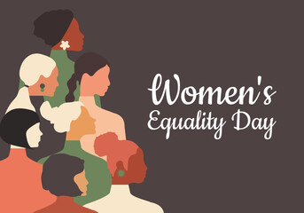 Women's Equality Day. Women of different ages, nationalities and religions come together. Horizontal dark poster. Vector.