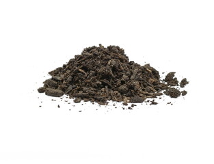 Organic soil isolated on white background. Dirty earth on white background. Natural soil texture. Patch of soil or mud.