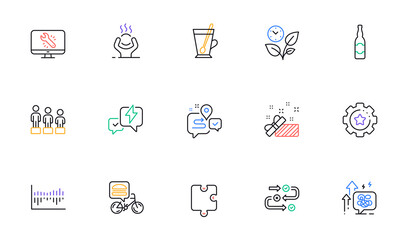 Survey progress, Column diagram and Stress grows line icons for website, printing. Collection of Settings gear, Journey, Lightning bolt icons. Leaves, Equality, Monitor repair web elements. Vector