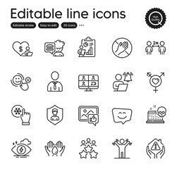 Set of People outline icons. Contains icons as Human, Dont touch and Genders elements. Video conference, Security agency, Volunteer web signs. Like photo, User notification. Outline human icon. Vector
