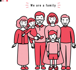 仲良しなファミリー 家族3世代イラスト_赤系ストライプ
