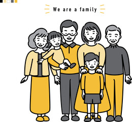 仲良しなファミリー 家族3世代イラスト_黄色系ストライプ