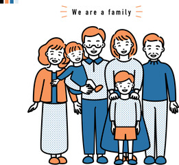 仲良しなファミリー 家族3世代イラスト_青オレンジ系ドット