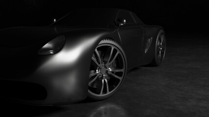 Obraz na płótnie Canvas Metallic sport car in a black scene 3D rendering vehicle wallpaper backgrounds