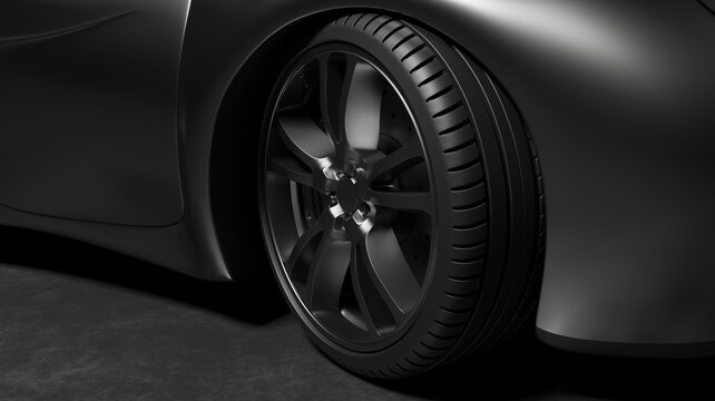 Glossy rims sport car in dark scene 3D rendering automotive vehicle wallpaper backgrounds