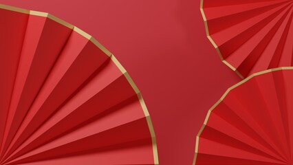 Chinese new year and lunar. Chinese style decoration fan in red and gold on a red background. 3d rendering and illustration. Good luck concept, festive backdrop