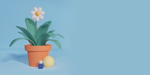 White flower plant and leaves in a pot on blue background. Spring and summer vibes. Blue horizontal banner, 3d rendering, and illustration