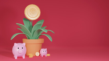 Pink Piggy Banks and Coin. growing money plant seedling with coin flower. Money growth, increase earning profit and capital gain, Saving Money Cash Concept. 3D rendering and illustration.